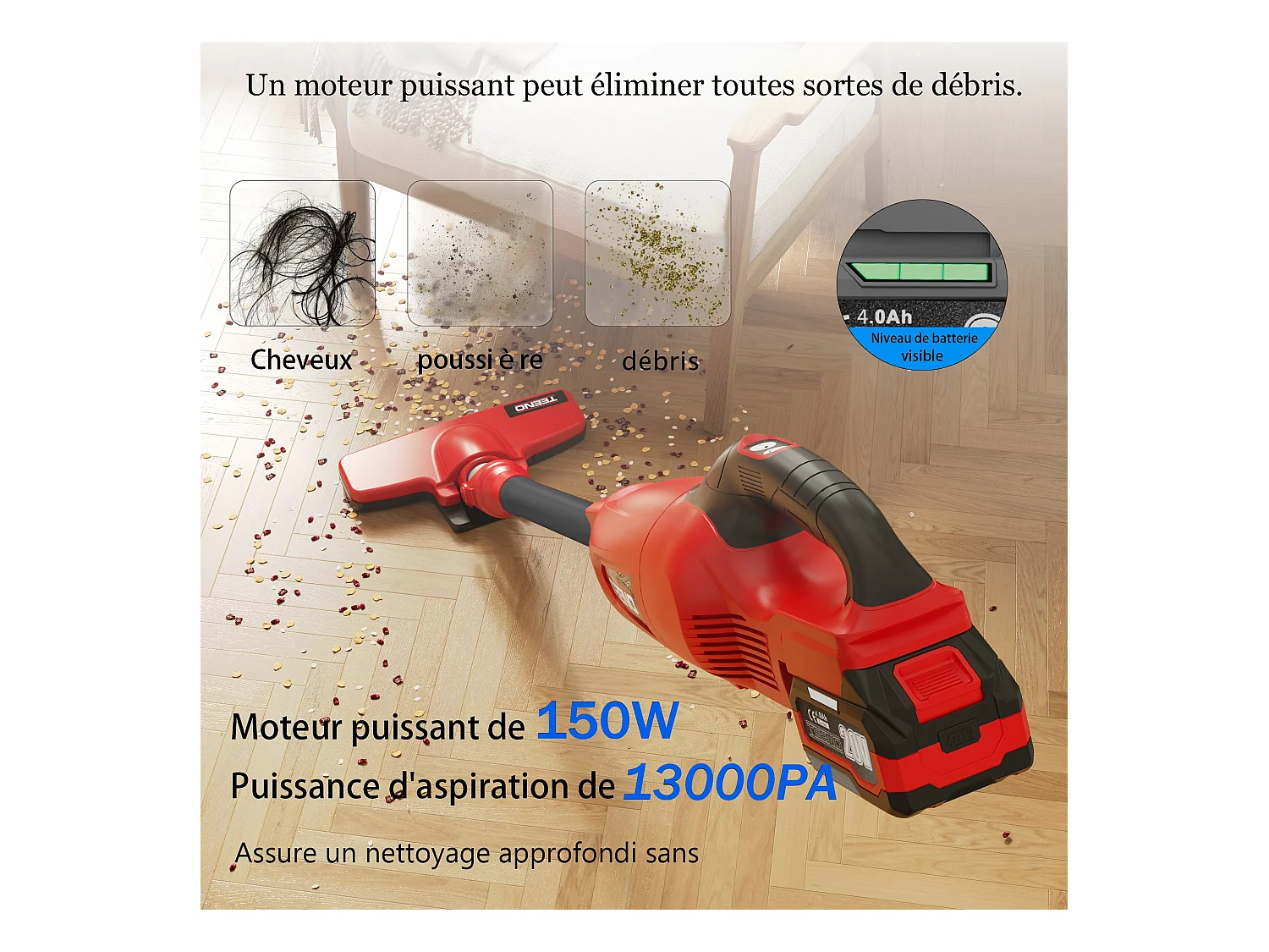 Aspirateur Balai sans Fil Lithium 150W/13KPA, aspirateur Vertical sans Fil avec Batterie au Lithium 4Ah