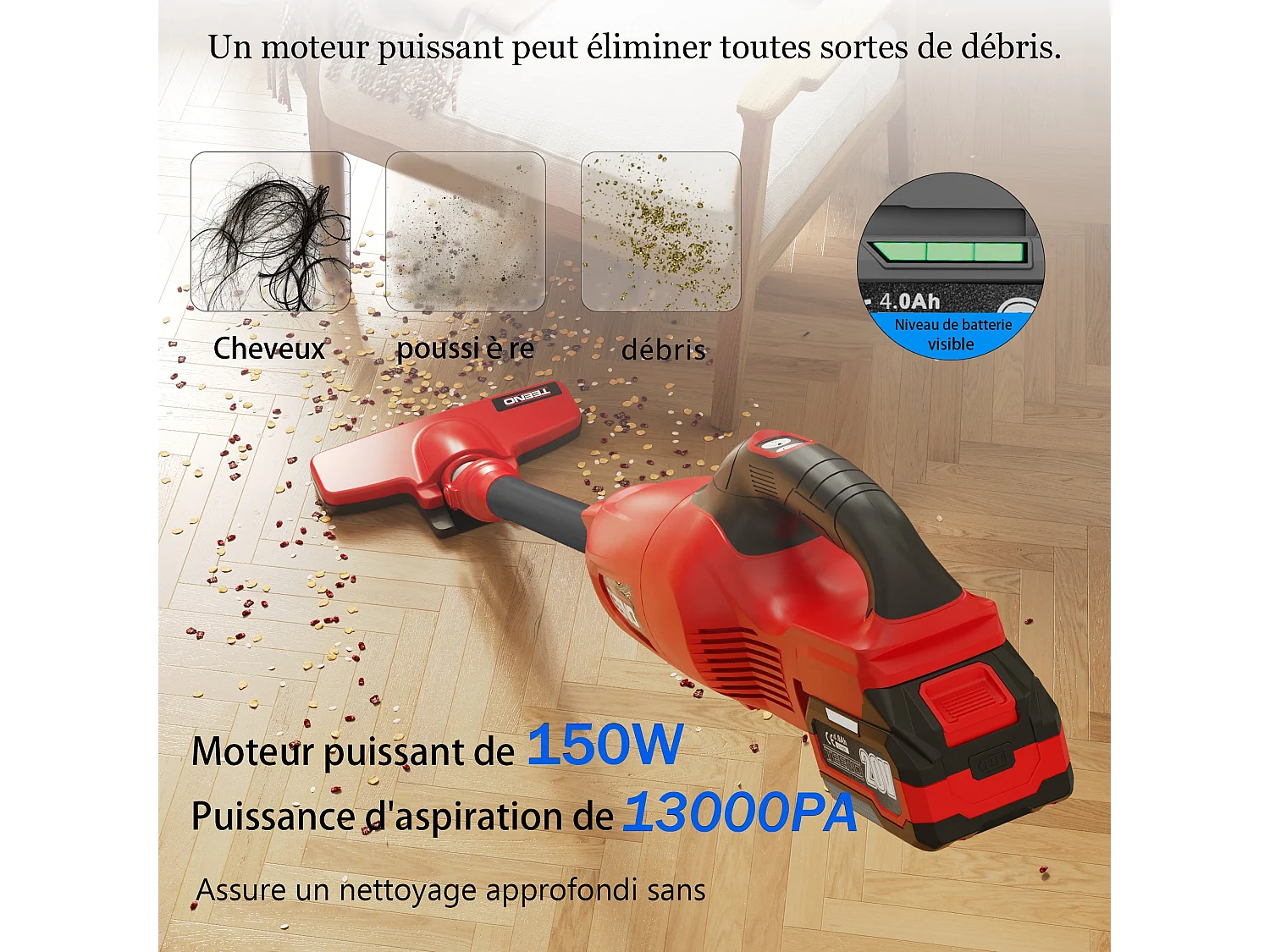 Aspirateur Balai sans Fil Lithium 150W/13KPA, aspirateur Vertical sans Fil avec Batterie au Lithium 4Ah