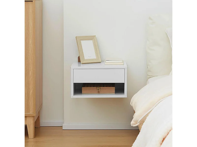 Lot de 2 tables de chevet murales table de nuit tiroir coulissant niche plateau en bois dim. 37L x 32l x 21H cm ,blanc