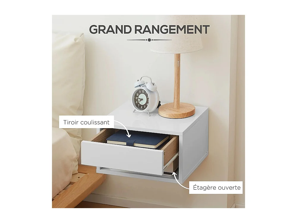 Lot de 2 tables de chevet murales table de nuit tiroir coulissant niche plateau en bois dim. 37L x 32l x 21H cm ,blanc