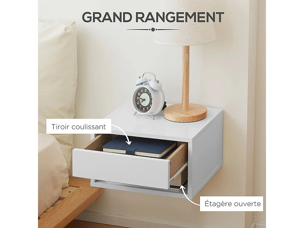 Lot de 2 tables de chevet murales table de nuit tiroir coulissant niche plateau en bois dim. 37L x 32l x 21H cm ,blanc