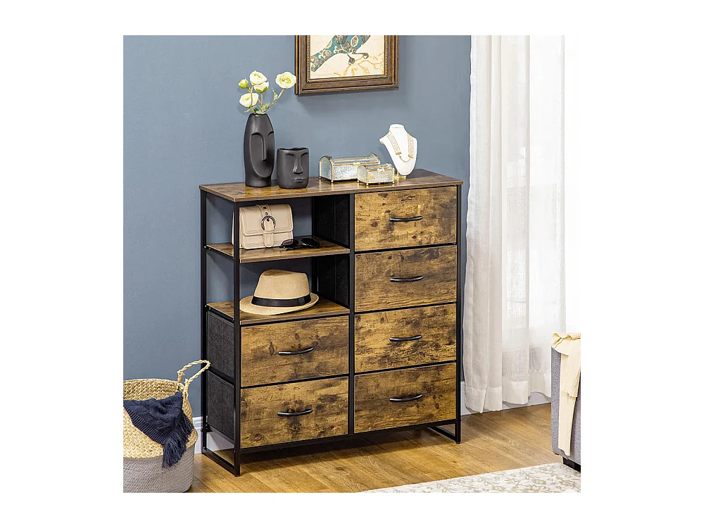 Commode à six tiroirs, en panneaux de fibres à densité moyenne (MDF) et acier, 84 x 30 x 92 cm, marron/noir, avec pieds réglables.