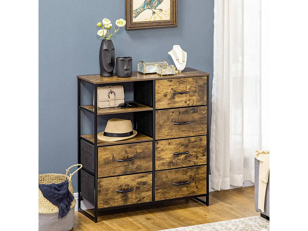 Commode à six tiroirs, en panneaux de fibres à densité moyenne (MDF) et acier, 84 x 30 x 92 cm, marron/noir, avec pieds réglables.