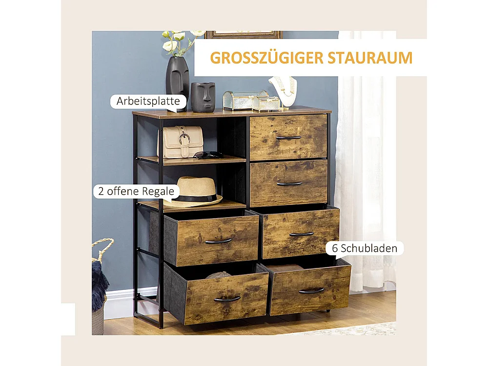 Commode à six tiroirs, en panneaux de fibres à densité moyenne (MDF) et acier, 84 x 30 x 92 cm, marron/noir, avec pieds réglables.