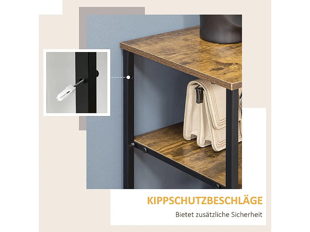 Commode à six tiroirs, en panneaux de fibres à densité moyenne (MDF) et acier, 84 x 30 x 92 cm, marron/noir, avec pieds réglables.