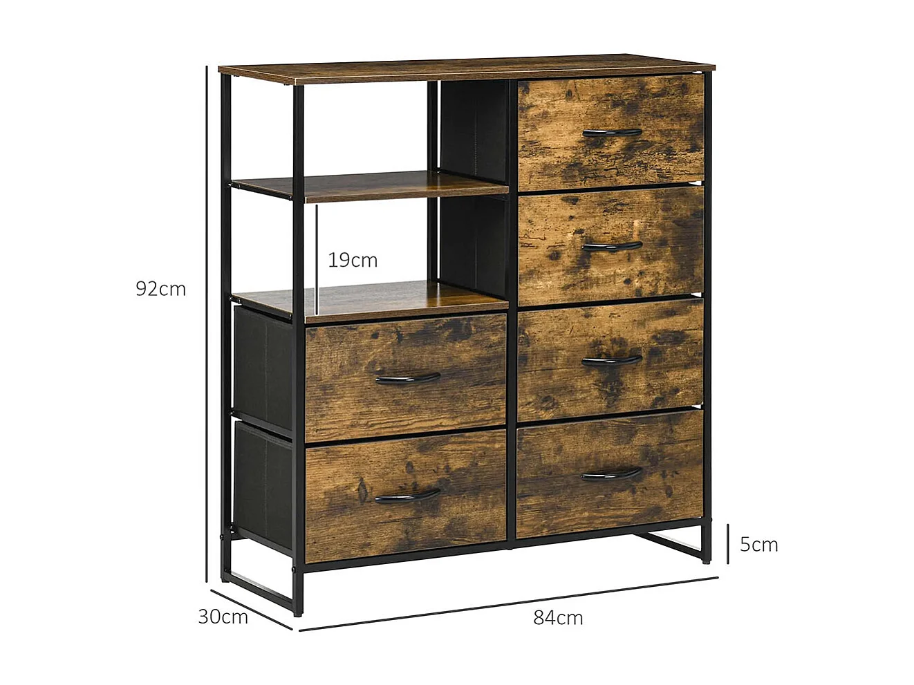 Commode à six tiroirs, en panneaux de fibres à densité moyenne (MDF) et acier, 84 x 30 x 92 cm, marron/noir, avec pieds réglables.
