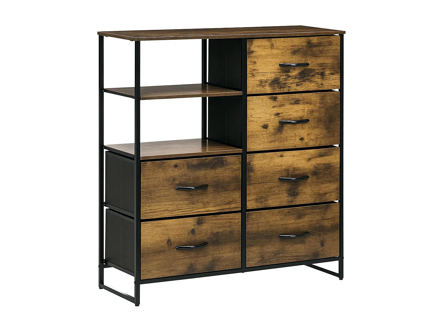 Commode à six tiroirs, en panneaux de fibres à densité moyenne (MDF) et acier, 84 x 30 x 92 cm, marron/noir, avec pieds réglables.