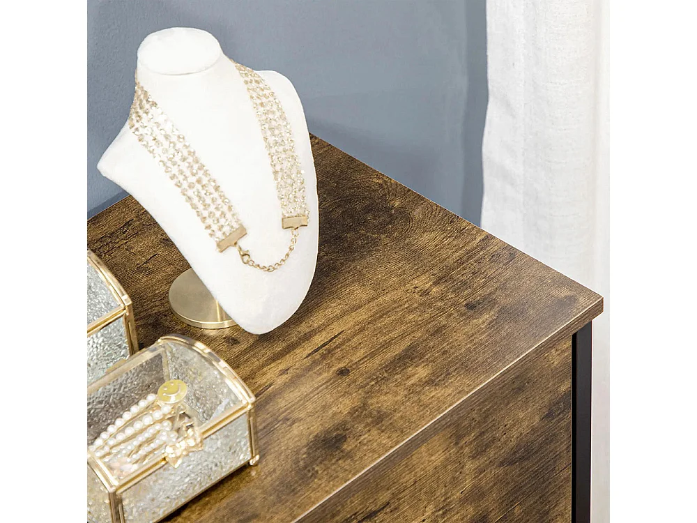 Commode à six tiroirs, en panneaux de fibres à densité moyenne (MDF) et acier, 84 x 30 x 92 cm, marron/noir, avec pieds réglables.