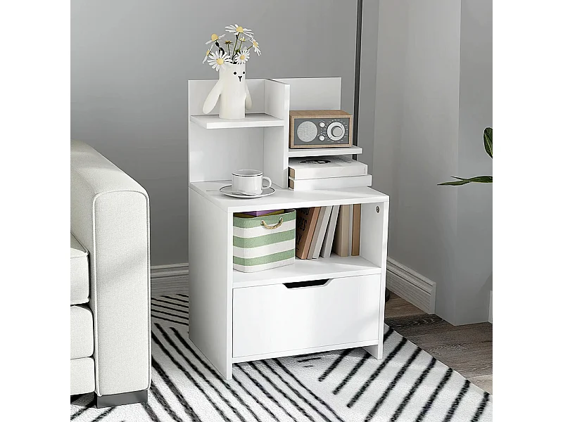 Table de chevet avec tiroirs, compartiments de rangement et étagères, effet bois, dimensions : 45 x 35 x 73 cm, couleur blanche.