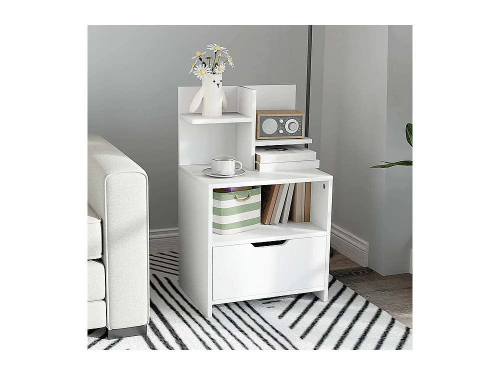 Table de chevet avec tiroirs, compartiments de rangement et étagères, effet bois, dimensions : 45 x 35 x 73 cm, couleur blanche.