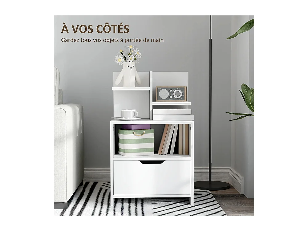 Table de chevet avec tiroirs, compartiments de rangement et étagères, effet bois, dimensions : 45 x 35 x 73 cm, couleur blanche.
