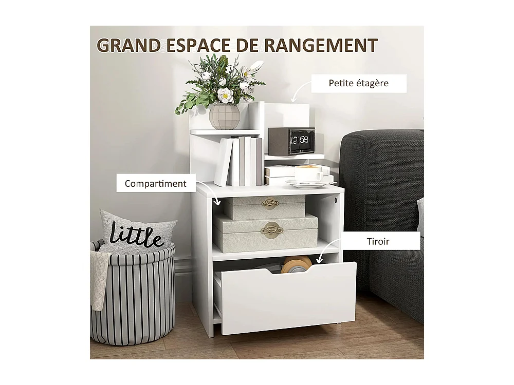 Table de chevet avec tiroirs, compartiments de rangement et étagères, effet bois, dimensions : 45 x 35 x 73 cm, couleur blanche.