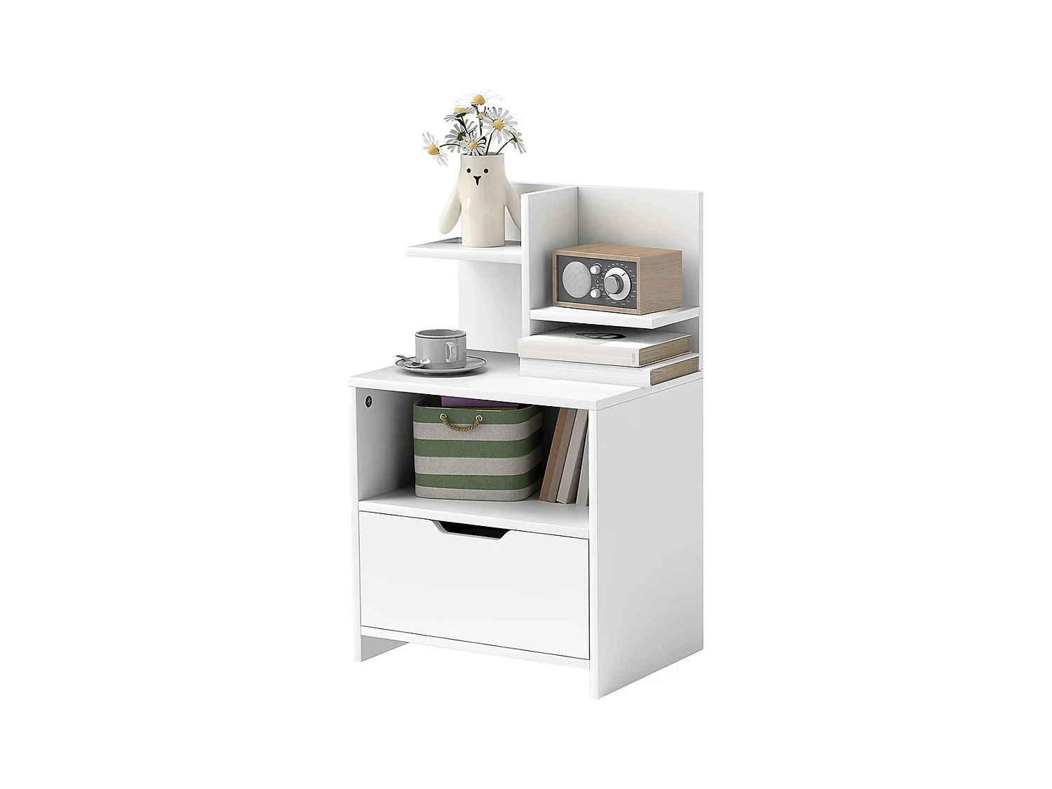 Table de chevet avec tiroirs, compartiments de rangement et étagères, effet bois, dimensions : 45 x 35 x 73 cm, couleur blanche.