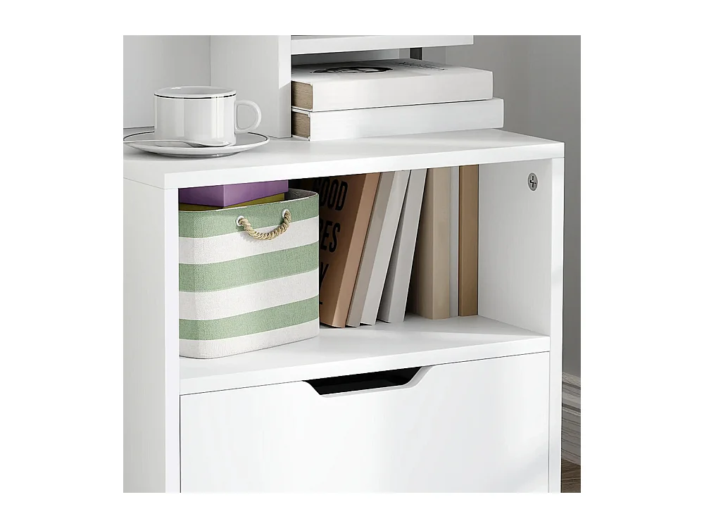 Table de chevet avec tiroirs, compartiments de rangement et étagères, effet bois, dimensions : 45 x 35 x 73 cm, couleur blanche.