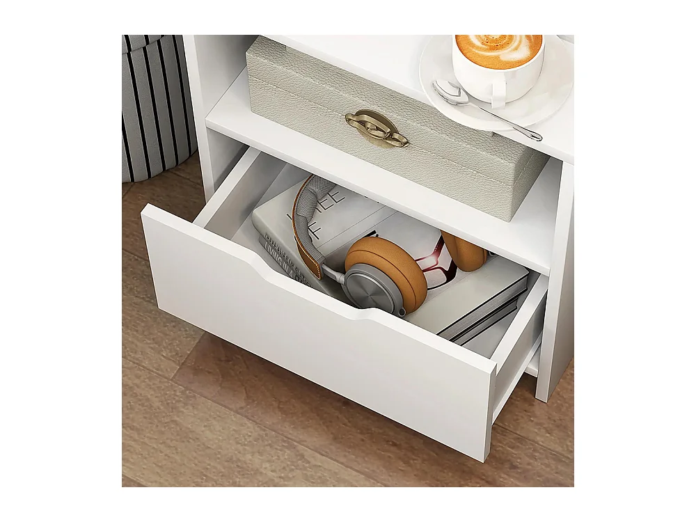 Table de chevet avec tiroirs, compartiments de rangement et étagères, effet bois, dimensions : 45 x 35 x 73 cm, couleur blanche.