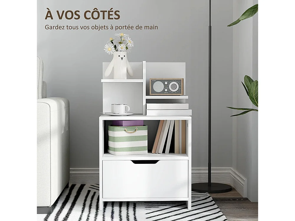 Table de chevet avec tiroirs, compartiments de rangement et étagères, effet bois, dimensions : 45 x 35 x 73 cm, couleur blanche.