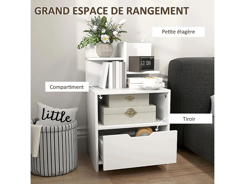Table de chevet avec tiroirs, compartiments de rangement et étagères, effet bois, dimensions : 45 x 35 x 73 cm, couleur blanche.