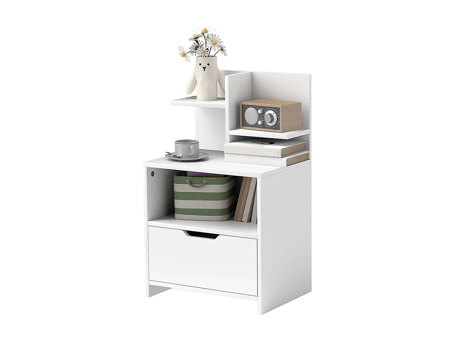 Table de chevet avec tiroirs, compartiments de rangement et étagères, effet bois, dimensions : 45 x 35 x 73 cm, couleur blanche.