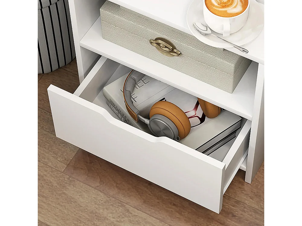 Table de chevet avec tiroirs, compartiments de rangement et étagères, effet bois, dimensions : 45 x 35 x 73 cm, couleur blanche.