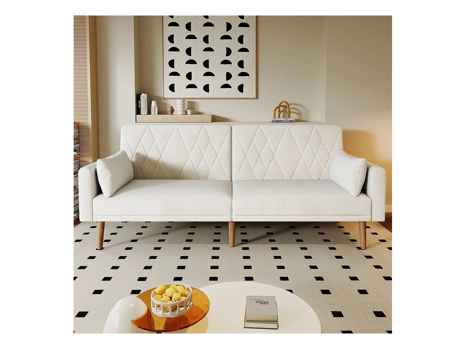 Moderne opklapbare slaapbank, met steunpoten, slaapfunctie, fluwelen bekleding, beige.