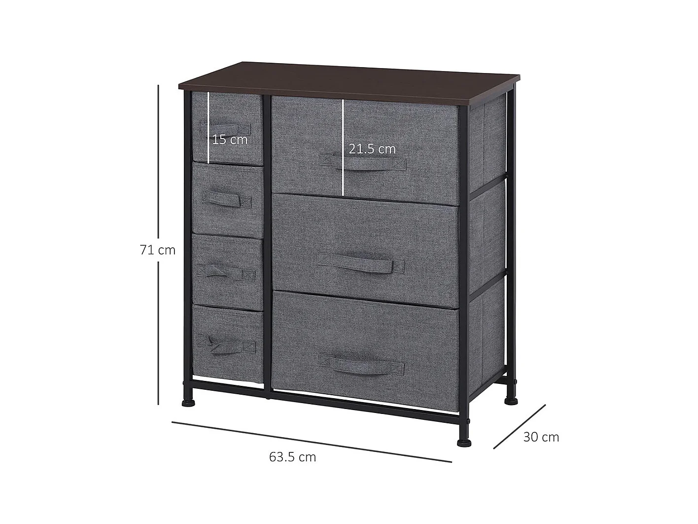 Commode pliante à 7 tiroirs en tissu, fabriquée en tissu non tissé, avec structure métallique, dimensions : 63,5 x 30 x 71 cm, couleur gris foncé.