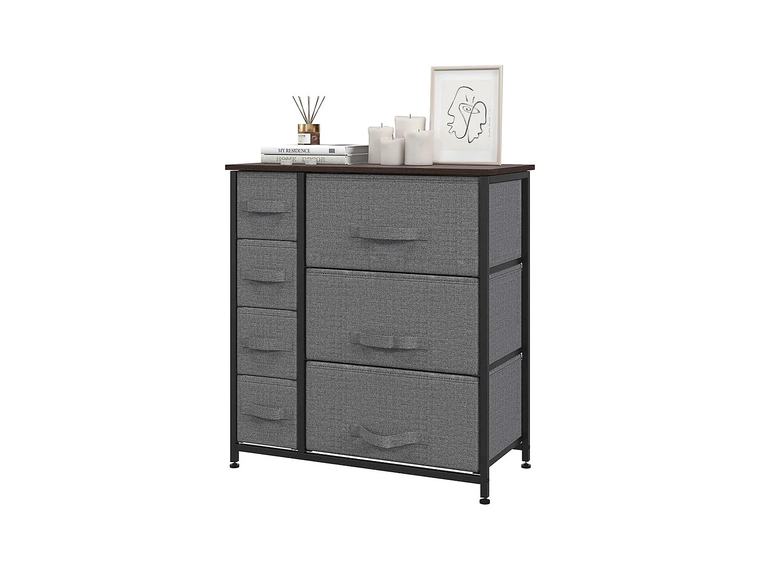 Commode pliante à 7 tiroirs en tissu, fabriquée en tissu non tissé, avec structure métallique, dimensions : 63,5 x 30 x 71 cm, couleur gris foncé.