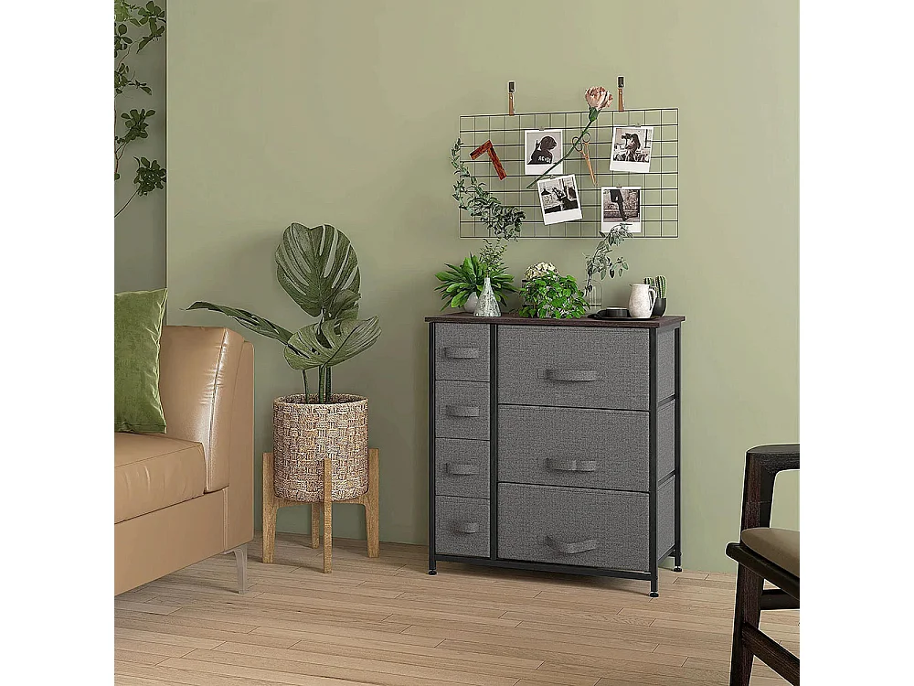 Commode pliante à 7 tiroirs en tissu, fabriquée en tissu non tissé, avec structure métallique, dimensions : 63,5 x 30 x 71 cm, couleur gris foncé.
