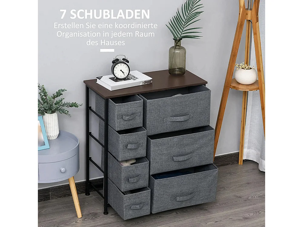 Commode pliante à 7 tiroirs en tissu, fabriquée en tissu non tissé, avec structure métallique, dimensions : 63,5 x 30 x 71 cm, couleur gris foncé.