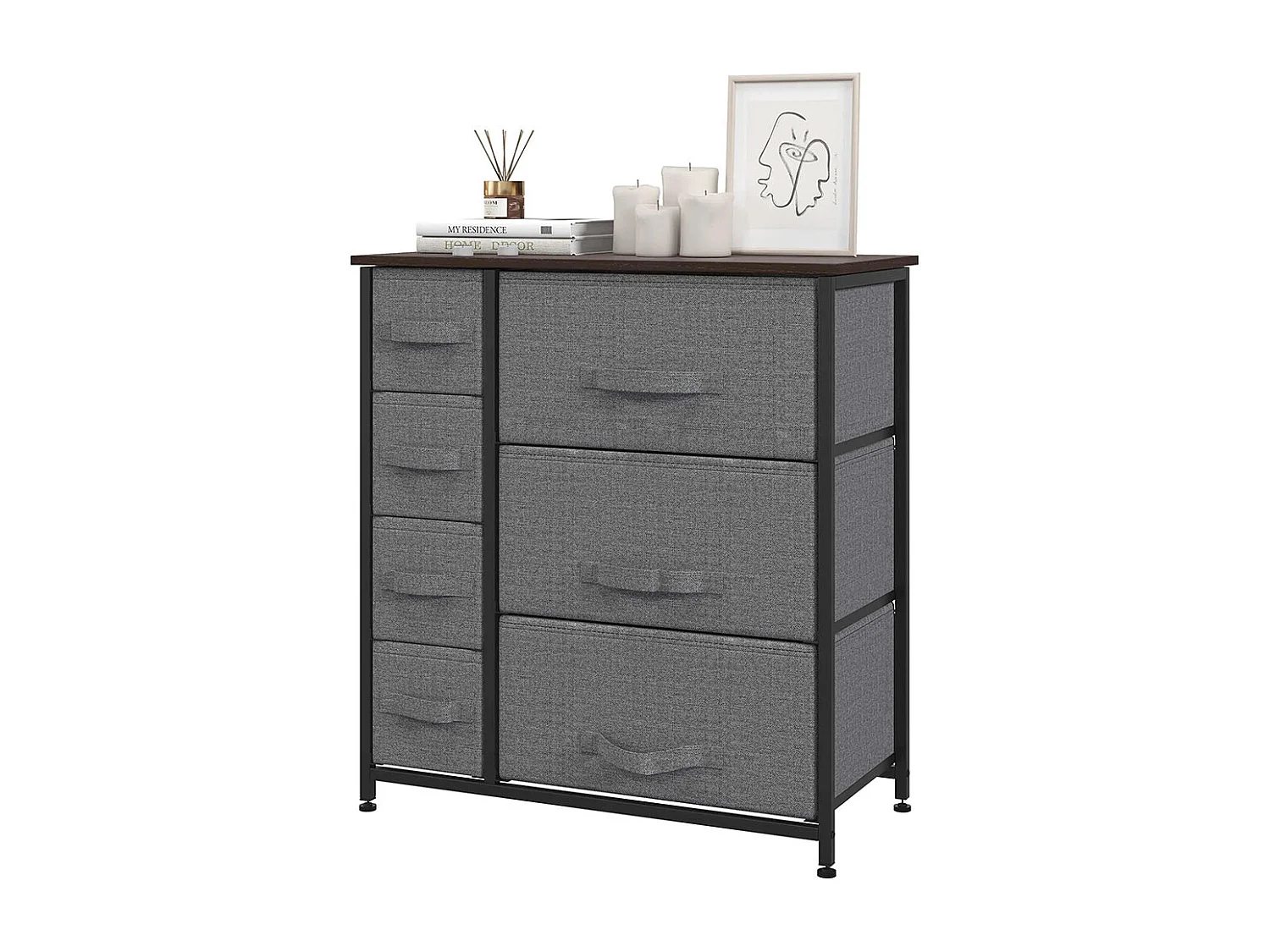 Commode pliante à 7 tiroirs en tissu, fabriquée en tissu non tissé, avec structure métallique, dimensions : 63,5 x 30 x 71 cm, couleur gris foncé.