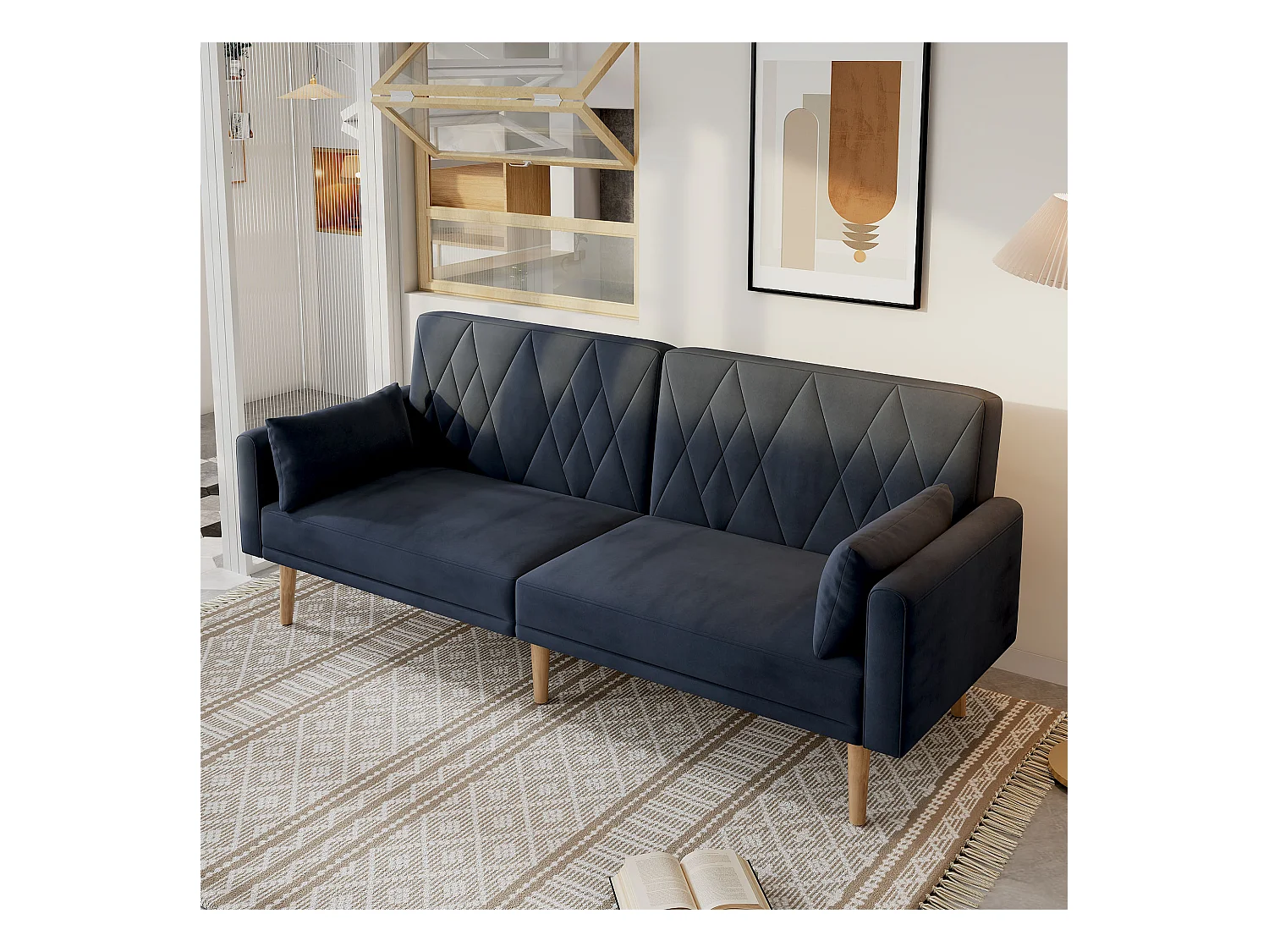 Canapé deux places, canapé-lit, avec fonction couchage, tissu velours, gris foncé