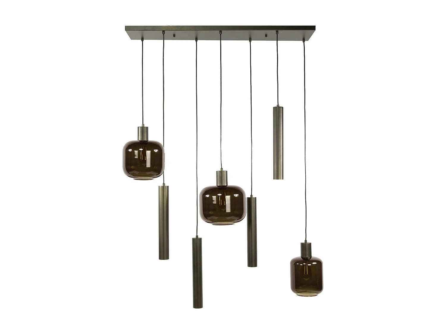 Suspension verre & métal – globes bruns + tubes bronze NOVA