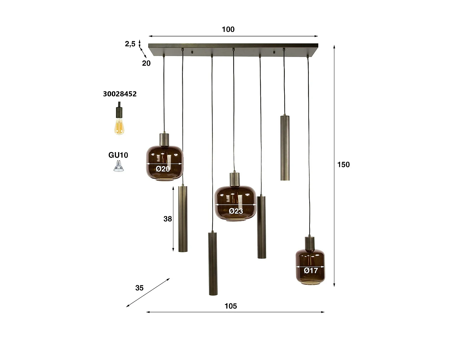 Suspension verre & métal – globes bruns + tubes bronze NOVA