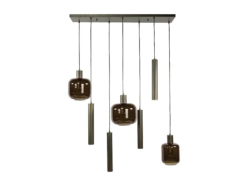 Suspension verre & métal – globes bruns + tubes bronze NOVA