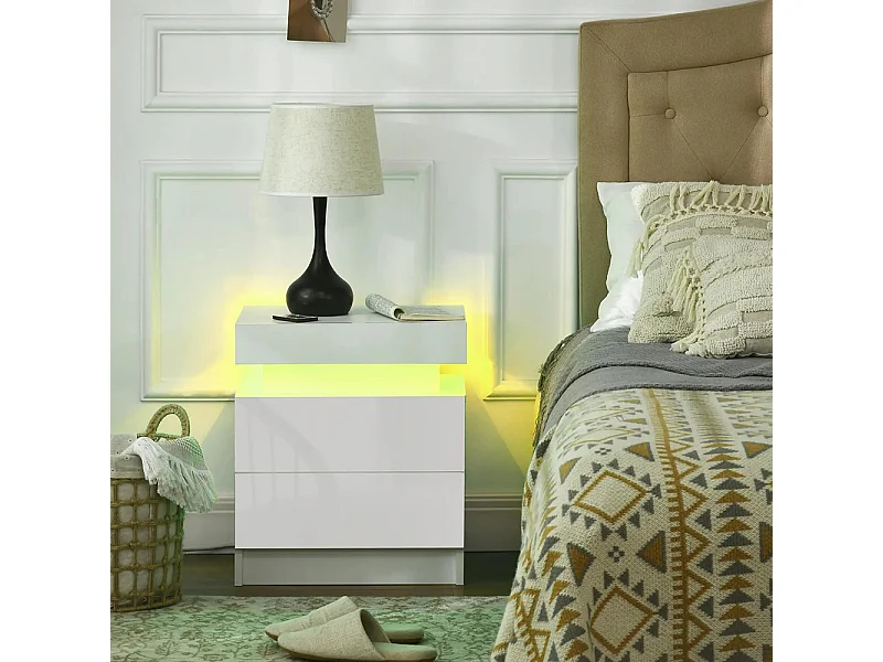 Table de chevet avec panneau lumineux à LED RGB, équipée de 2 tiroirs, couleur blanche.