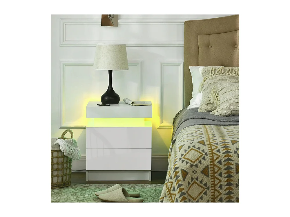 Table de chevet avec panneau lumineux à LED RGB, équipée de 2 tiroirs, couleur blanche.