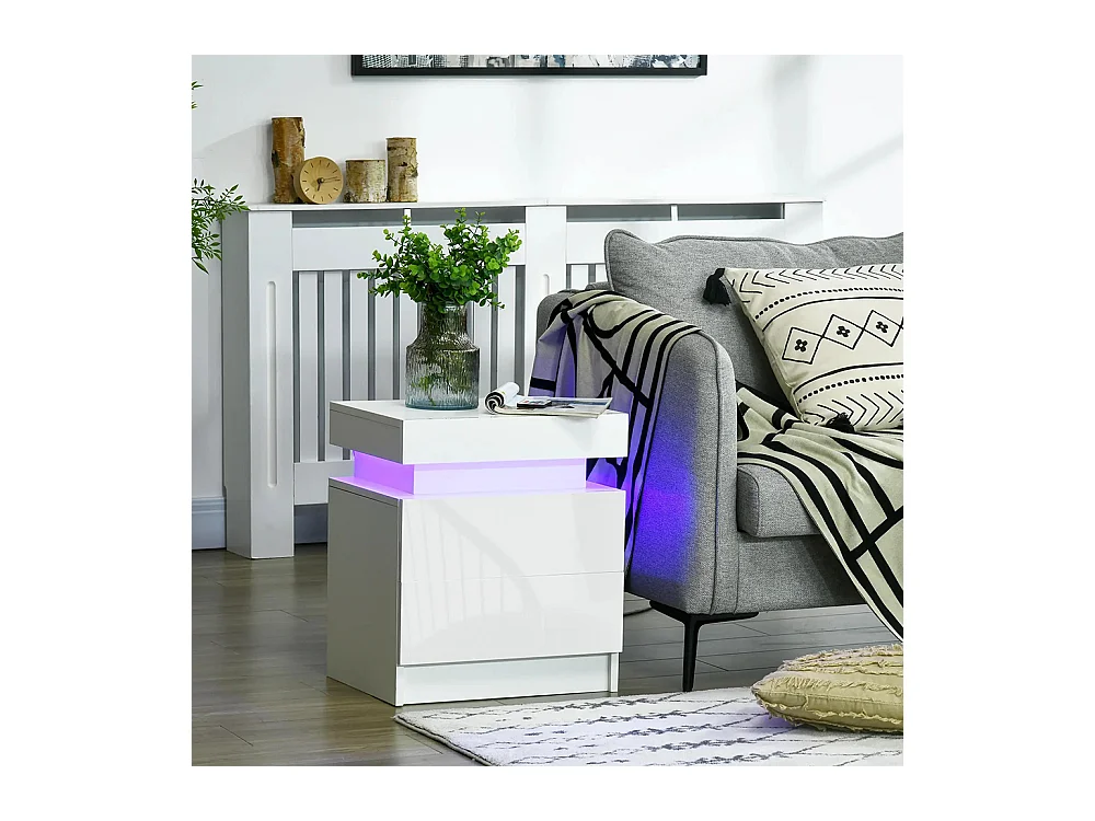 Table de chevet avec panneau lumineux à LED RGB, équipée de 2 tiroirs, couleur blanche.