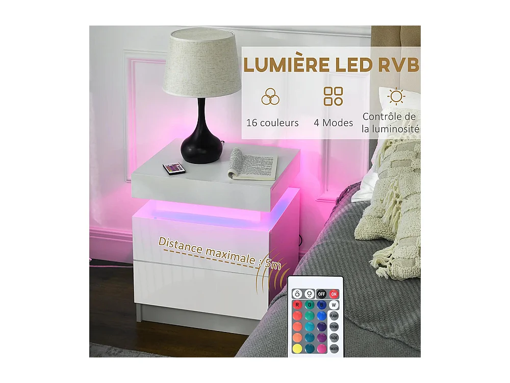 Table de chevet avec panneau lumineux à LED RGB, équipée de 2 tiroirs, couleur blanche.
