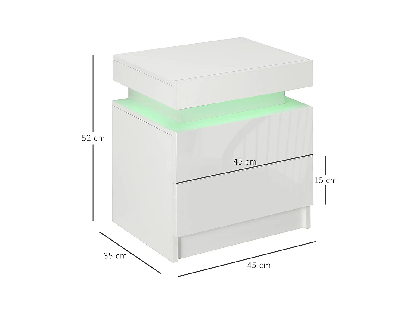 Table de chevet avec panneau lumineux à LED RGB, équipée de 2 tiroirs, couleur blanche.