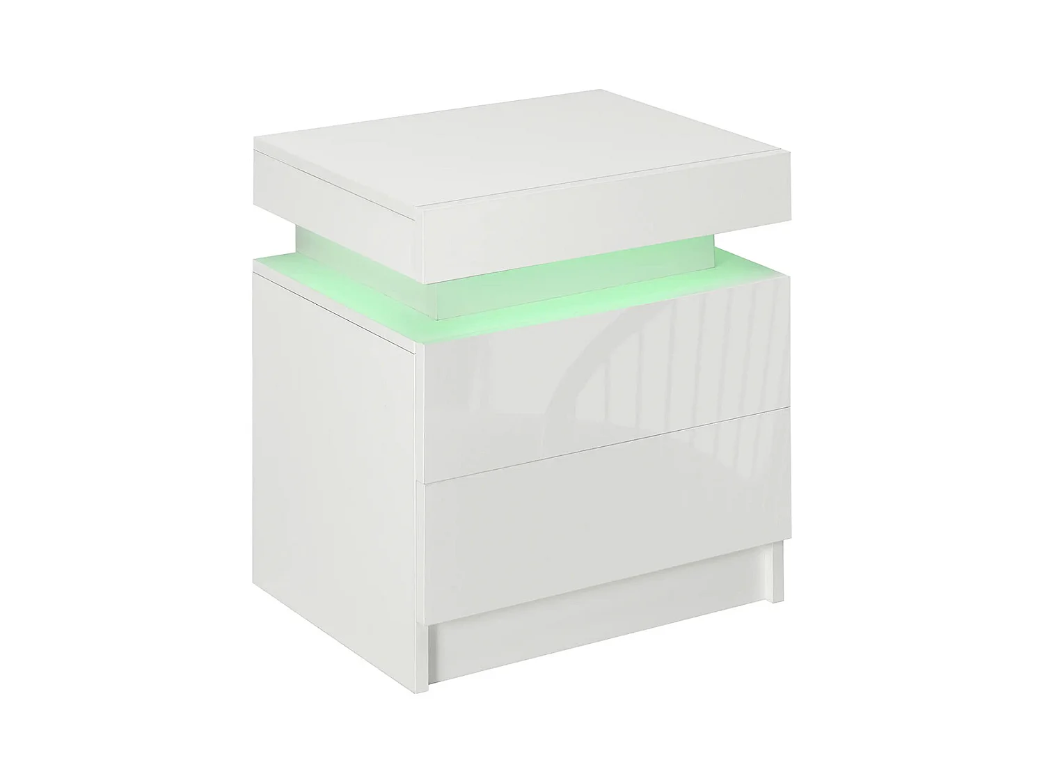 Table de chevet avec panneau lumineux à LED RGB, équipée de 2 tiroirs, couleur blanche.