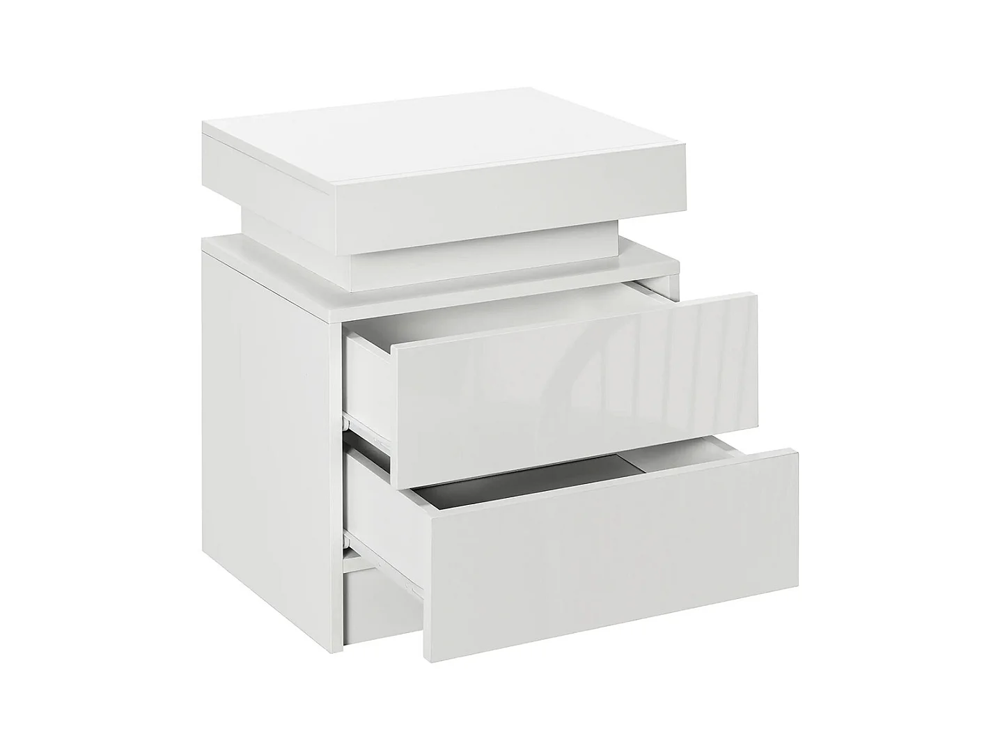 Table de chevet avec panneau lumineux à LED RGB, équipée de 2 tiroirs, couleur blanche.