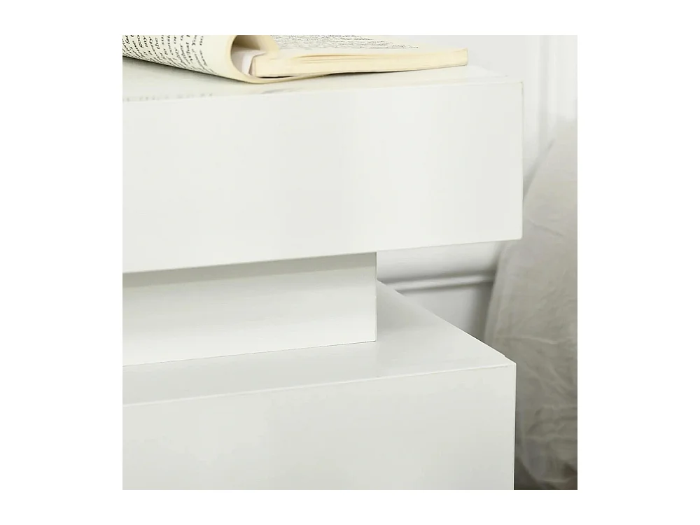 Table de chevet avec panneau lumineux à LED RGB, équipée de 2 tiroirs, couleur blanche.