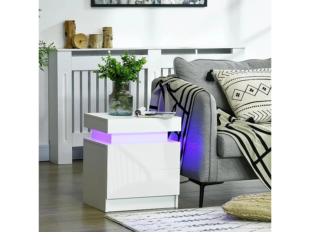 Table de chevet avec panneau lumineux à LED RGB, équipée de 2 tiroirs, couleur blanche.