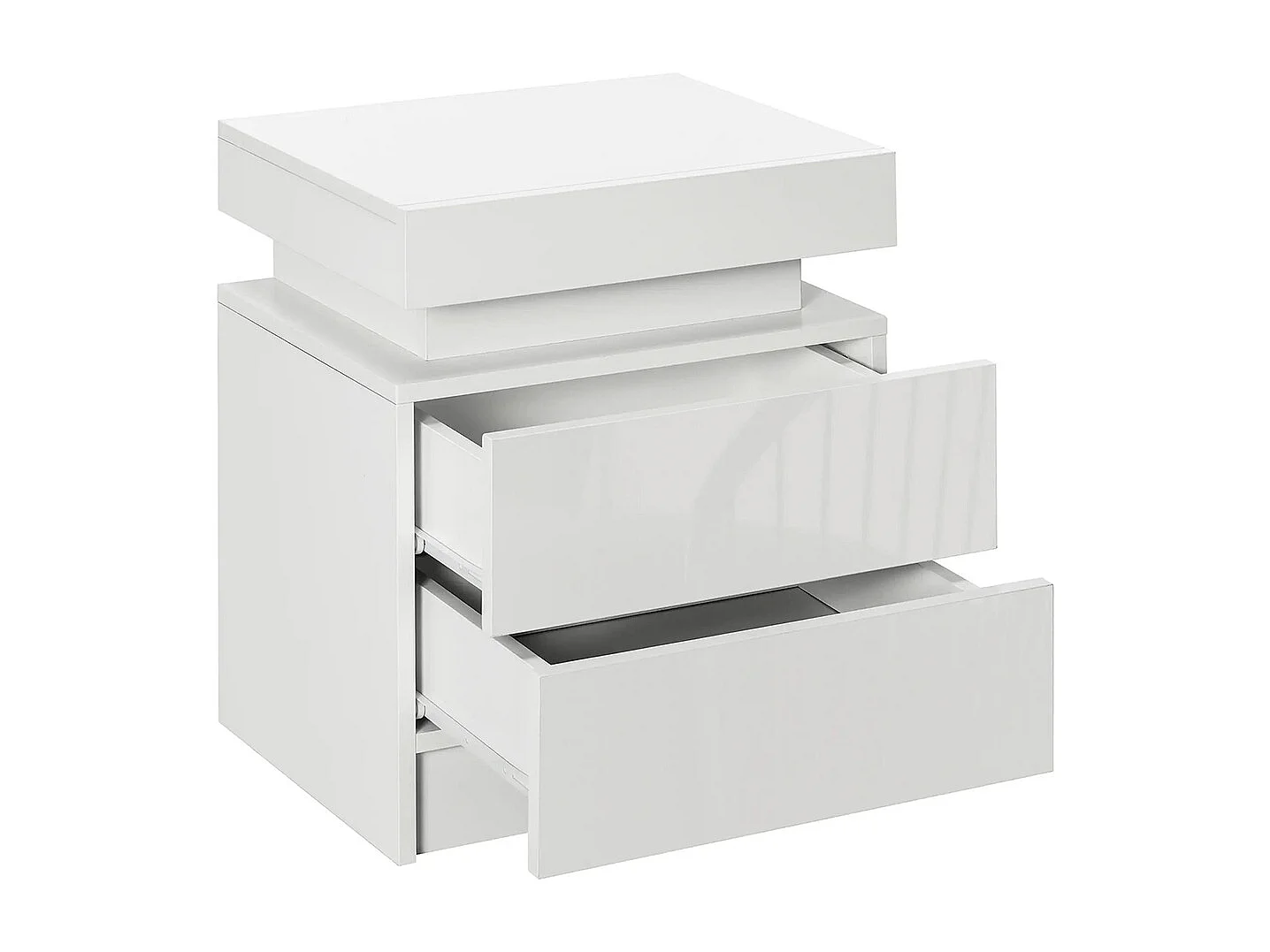 Table de chevet avec panneau lumineux à LED RGB, équipée de 2 tiroirs, couleur blanche.