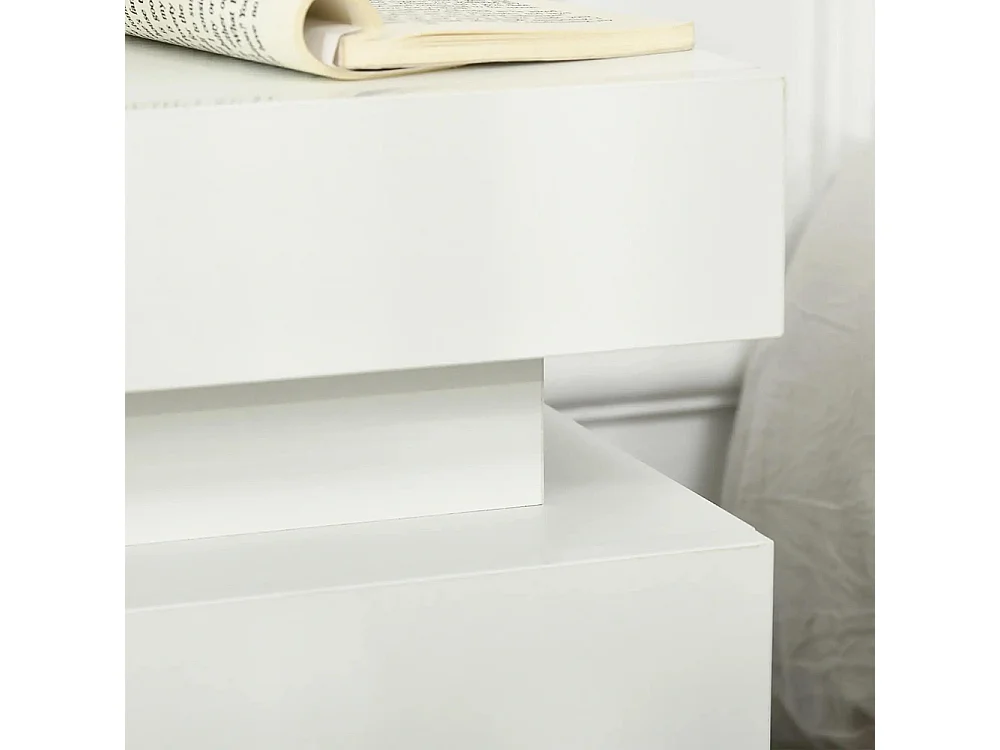 Table de chevet avec panneau lumineux à LED RGB, équipée de 2 tiroirs, couleur blanche.