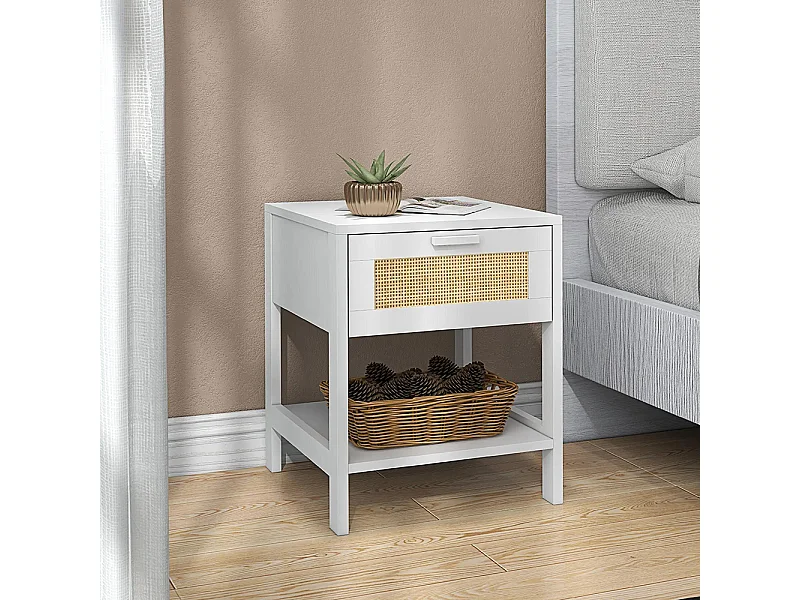 Table de chevet table de nuit avec tiroir et étagère, cannage en rotin, dim. 40L x 40l x 48H cm， blanc