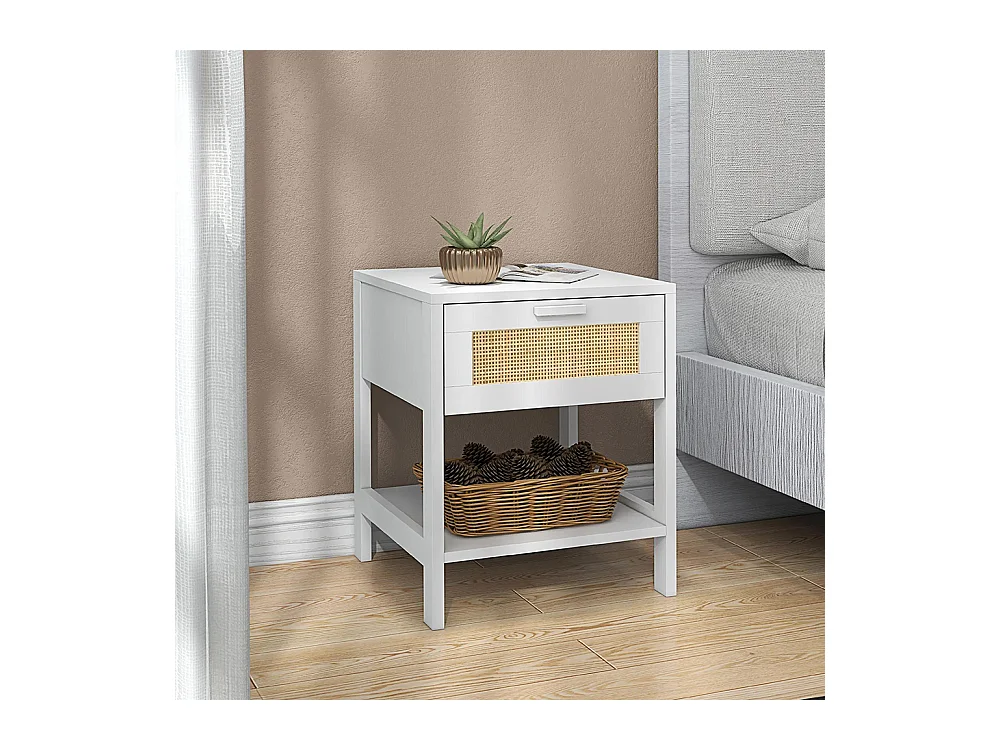 Table de chevet table de nuit avec tiroir et étagère, cannage en rotin, dim. 40L x 40l x 48H cm， blanc