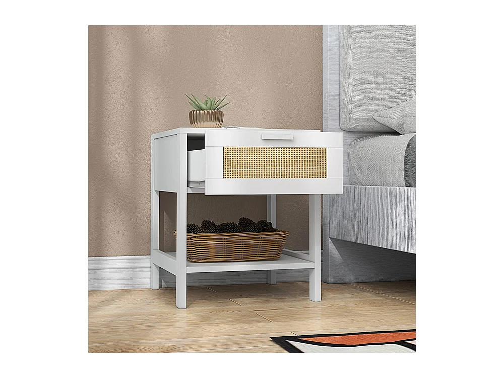 Table de chevet table de nuit avec tiroir et étagère, cannage en rotin, dim. 40L x 40l x 48H cm， blanc