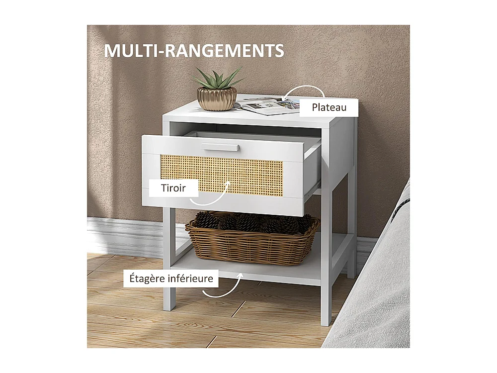 Table de chevet table de nuit avec tiroir et étagère, cannage en rotin, dim. 40L x 40l x 48H cm， blanc
