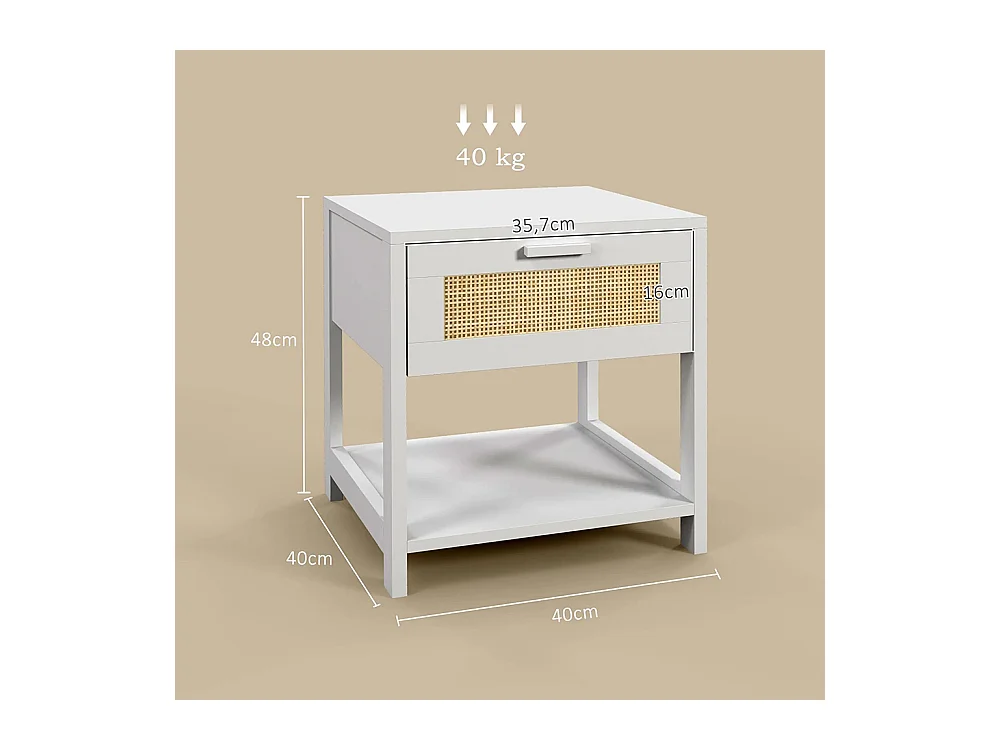 Table de chevet table de nuit avec tiroir et étagère, cannage en rotin, dim. 40L x 40l x 48H cm， blanc