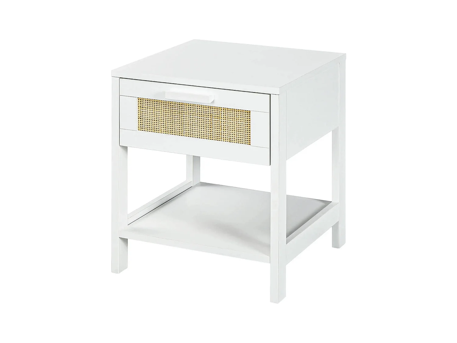 Table de chevet table de nuit avec tiroir et étagère, cannage en rotin, dim. 40L x 40l x 48H cm， blanc